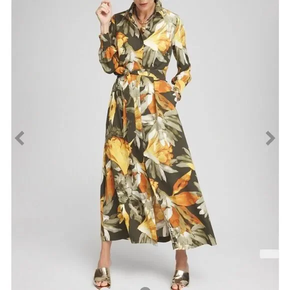 Chicos Belted Fall Floral Print Maxi Dress Long Sleeve Button Up Flowy Collared - Picture 1 of 9